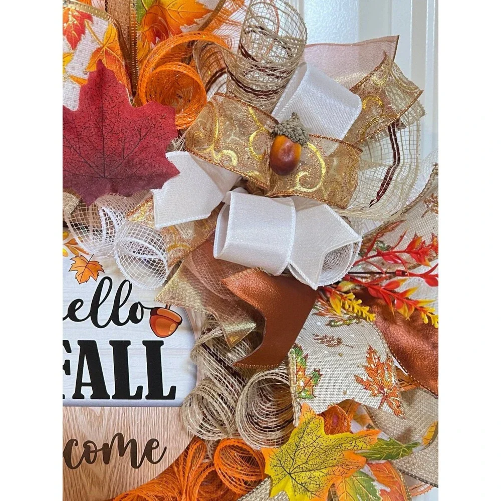 Handmade Hello Fall Welcome Door Wreath Acorn Leaf 22 in LED Thanksgiving W12